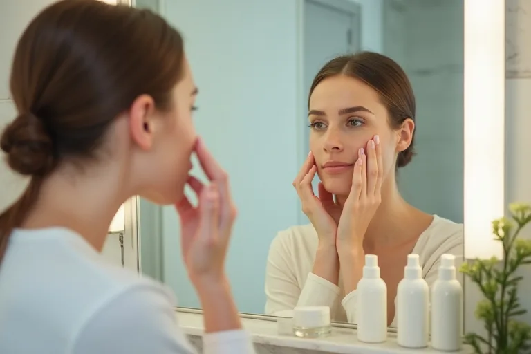 Lugn hudvårdsmiljö med kräm, serum och handduk i neutrala toner