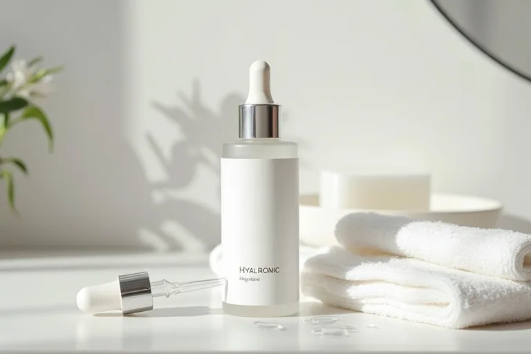 Hyaluronsyraserum i ljus premium miljö för återfuktande hudvård