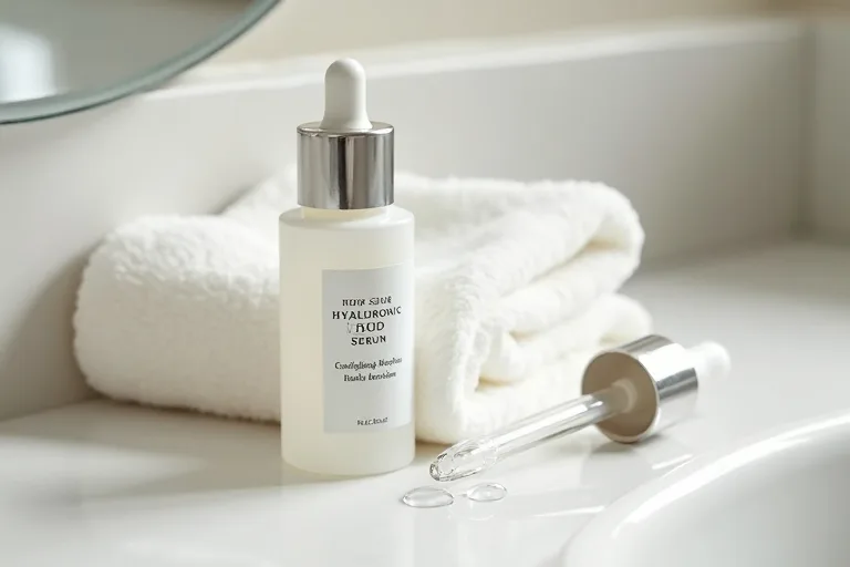 Person applicerar återfuktande serum med hyaluronsyra på lätt fuktad hud