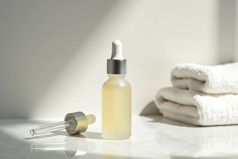 Närbild på återfuktande hudvårdsprodukt med hyaluronsyra på badrumshylla