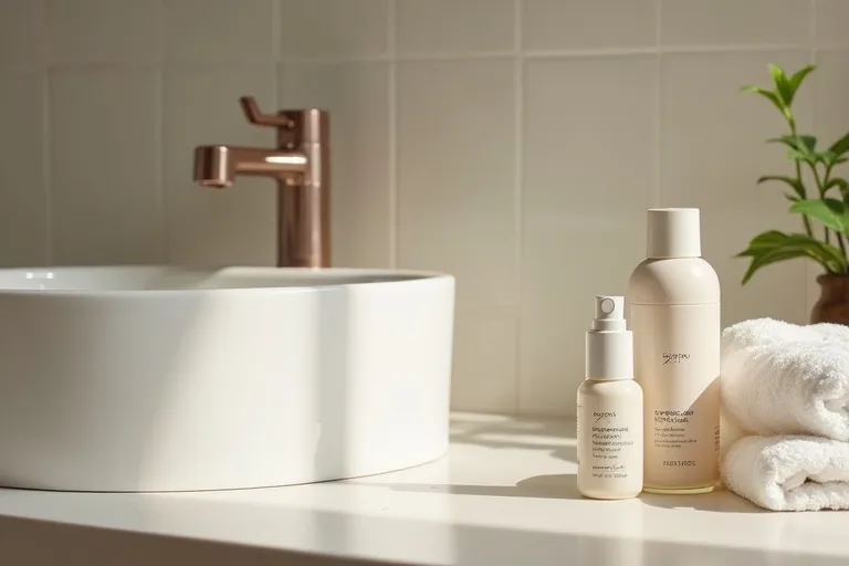 Kvällsprodukter för fet hy uppställda i en lugn badrumsmiljö