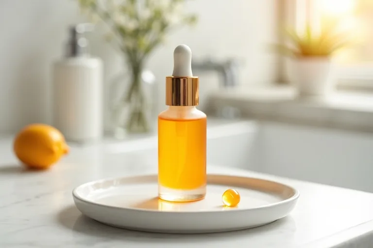 Vitamin C-serum och hudvårdsprodukter i lugn redaktionell miljö