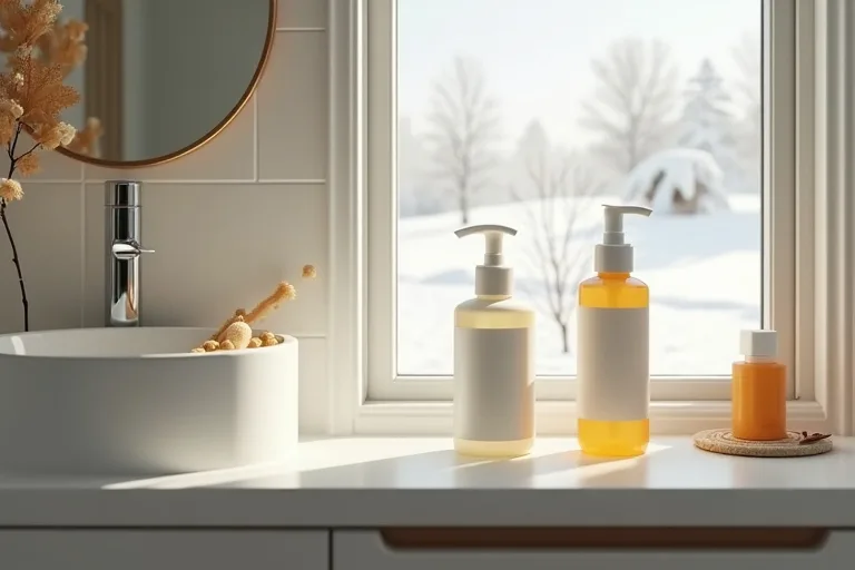 Hudvårdsrutin på vintern för torr och känslig hud 3 En enkel vinterrutin med ansiktskräm och solskydd på badrumshyllan