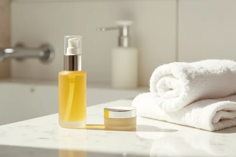 Närbild på serumflaska och återfuktande hudvårdsprodukter för torr hy