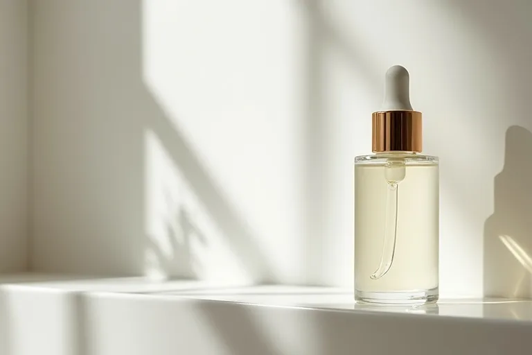 Hudvårdsserum för fet hy tillsammans med enkel rutin på badrumshylla