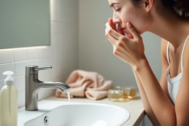 Hudvårdsprodukter för rengöring placerade i ett lugnt badrum