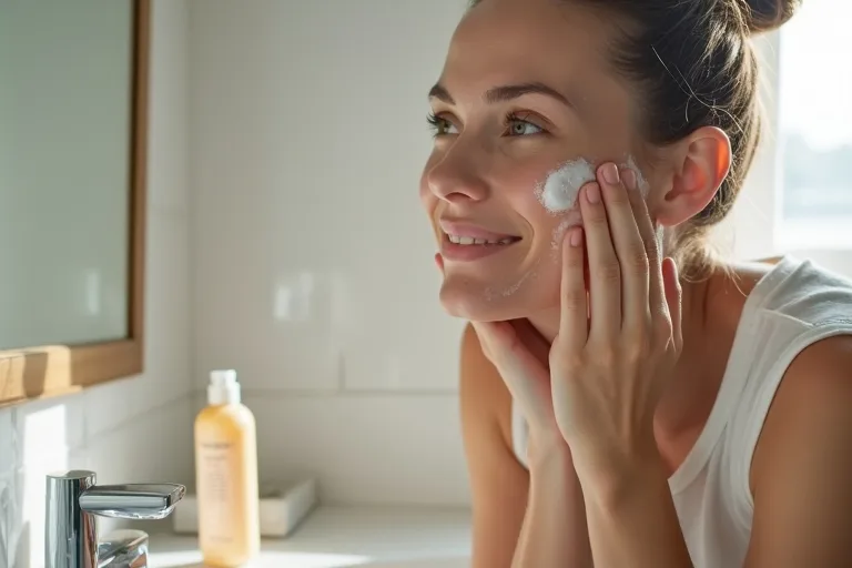 Person som rengör ansiktet varsamt framför spegeln