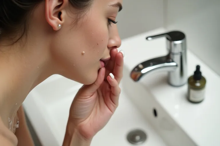 Lugn kvällsrutin med ansiktsrengöring och handduk vid handfat