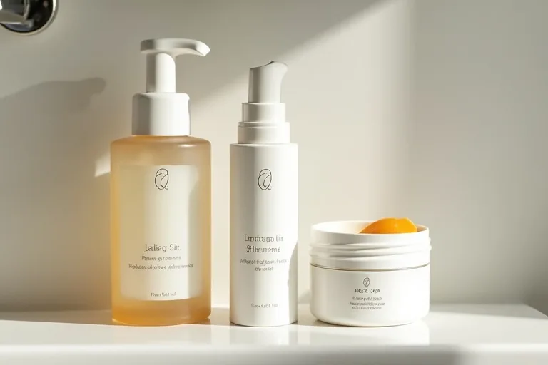 Milda hudvårdsprodukter för torr hy i en lugn morgonmiljö