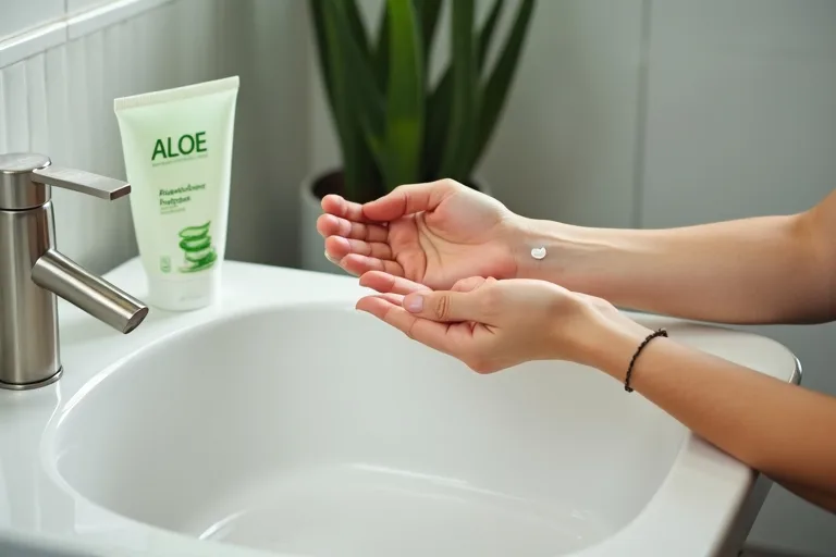 Aloe vera i hudvård: när den kan kännas bra på huden 1 Aloe vera-produkt i en enkel hudvårdsrutin vid ett svenskt badrumshandfat