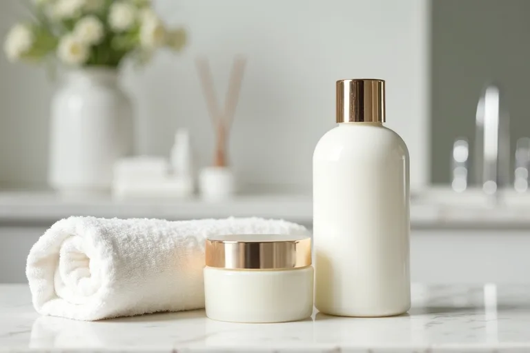 En enkel hudvårdsrutin med exfolierande produkt och fuktkräm på ett badrumshandfat