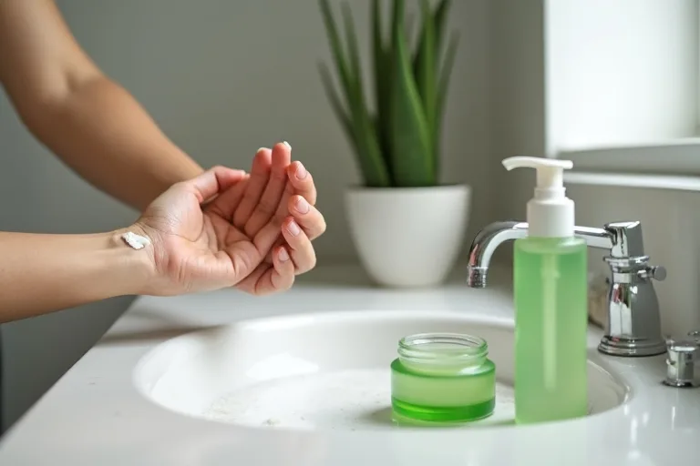 Aloe vera-produkt i en enkel hudvårdsrutin på ett badrumshandfat