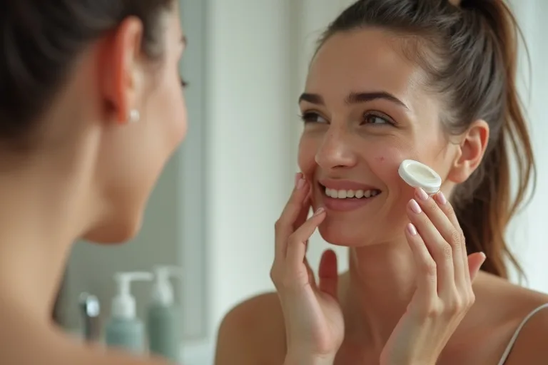 Rodnad efter exfoliering: så lugnar du huden och bygger upp barriären 2 Mild rengöring och en återfuktande kräm på ett enkelt badrumsskåp för irriterad hud.