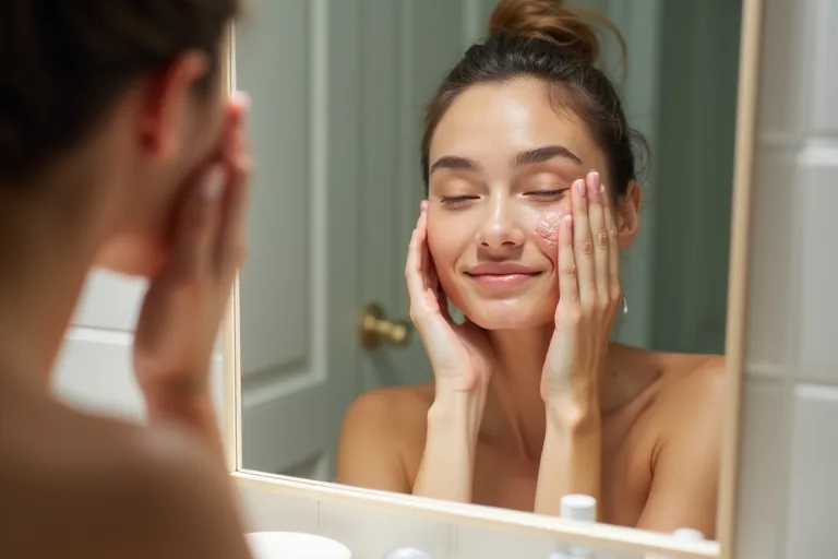 Rodnad efter exfoliering: så lugnar du huden och bygger upp barriären 1 En person med lätt rodnad i ansiktet använder en mild fuktkräm efter exfoliering.