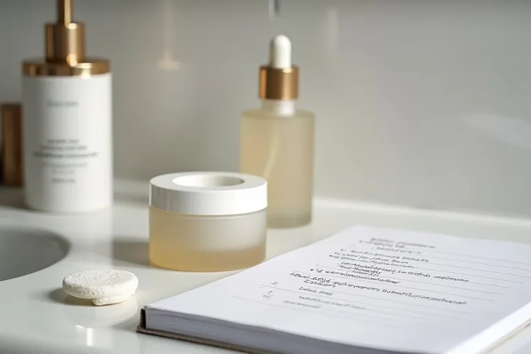 Zinkprodukt i hudvård på ett enkelt badrumshandfat bredvid andra hudvårdsprodukter