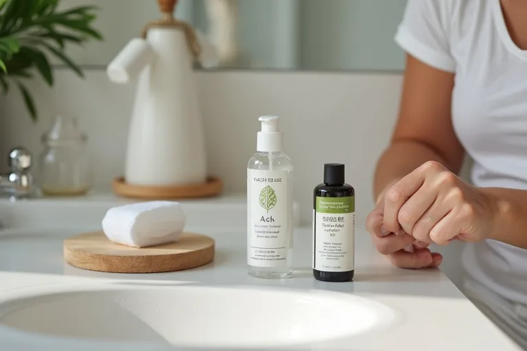 Tea tree-olja och enkel hudvårdsrutin för finnar på ett badrumshylla