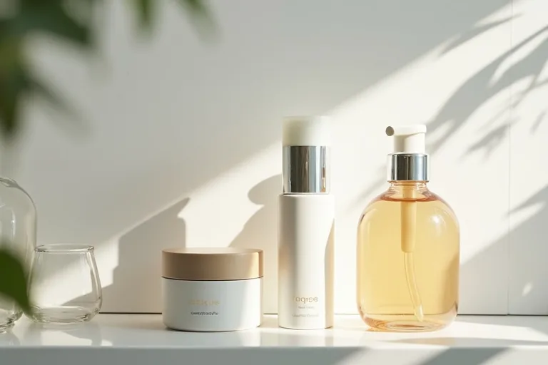 Hudvårdsprodukter i en lugn och enkel rutin på badrumshylla