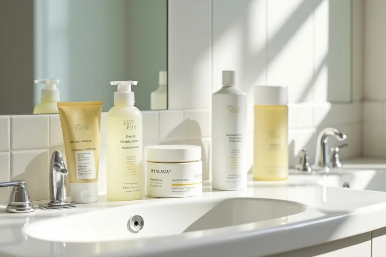 Lugn kvällsrutin med få hudvårdsprodukter och ren redaktionell känsla