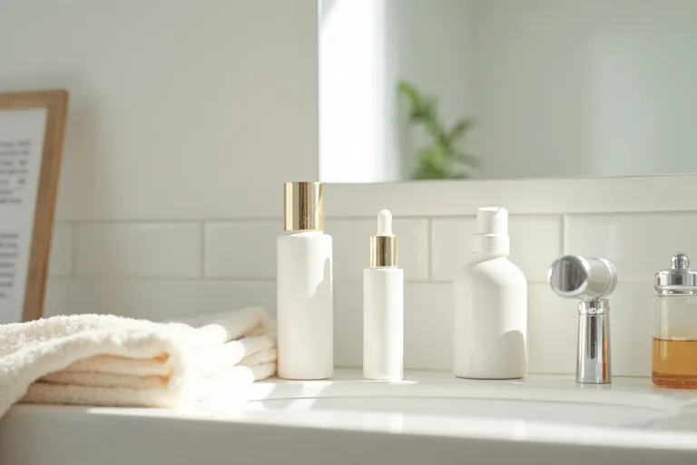 Morgonrutin med rengöring fuktkräm och solskydd i lugn badrumsmiljö