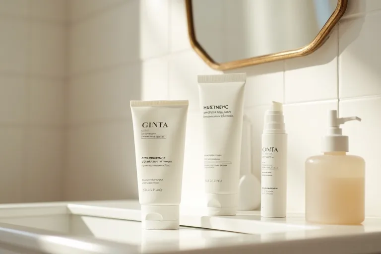 Enkel hudvårdsrutin för blandhy med rena produkter i lugn badrumsmiljö