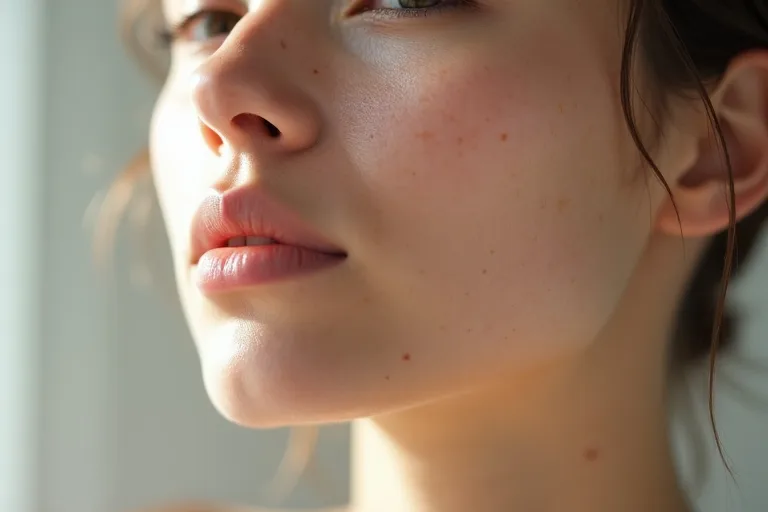 En person med några röda finnar på hakan och käklinjen i mjukt naturligt ljus.