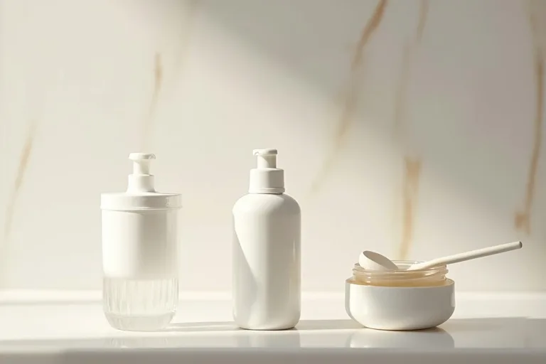 Tre olika ansiktsrengöringar med gel, kräm och balm uppställda på ett ljust badrumshandfat.