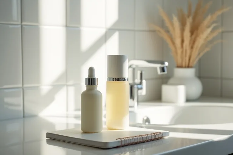 En enkel morgon- och kvällsrutin med serum, kräm och anteckningsblock