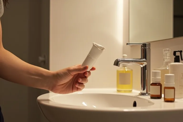 Kvällsrutin för olika hudtyper med enkla produkter på badrumshandfat