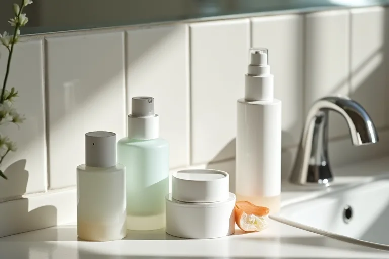 Hudvårdsrutin med fem produkter sorterade efter steg och användning