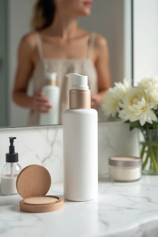 Lätt SPF som passar under makeup på ett badrumsspegelbord