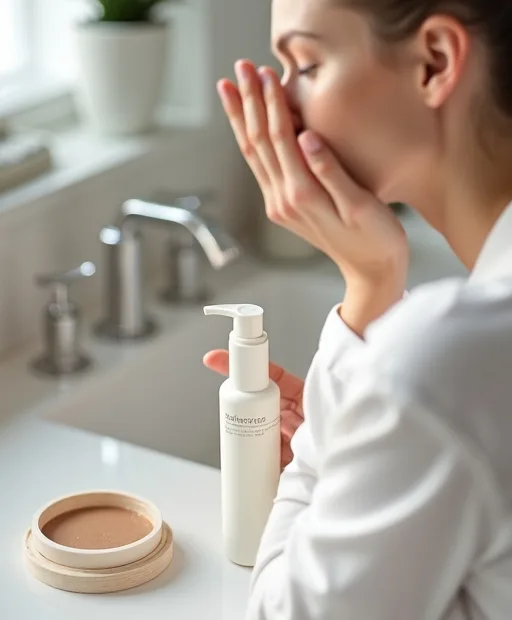 Person som applicerar SPF före makeup i en lugn vardaglig hudvårdsrutin