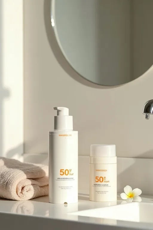 SPF-format i vardagen med stick, fluid och kräm på ett badrumsskåp