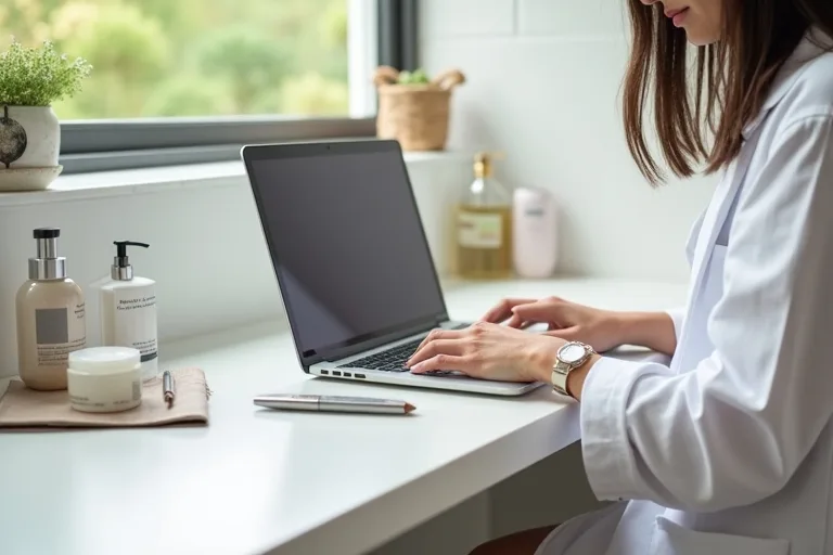 En enkel hudvårdsrutin med notebook och produkter på en ren badrumshylla